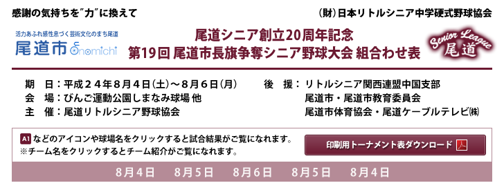 尾道シニア創立20周年記念 第19回 尾道市長旗争奪シニア野球大会 組合わせ表
